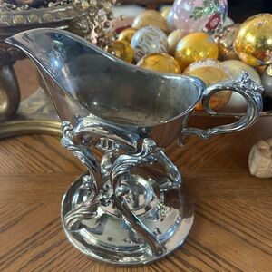 Vintage Ornate ROYAL QUALITY SILVER Tilting Gravy Boat on Stand with Warmer Tray